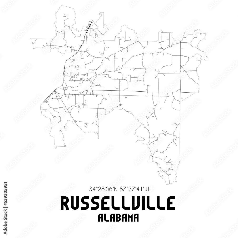 Russellville Alabama. US street map with black and white lines.