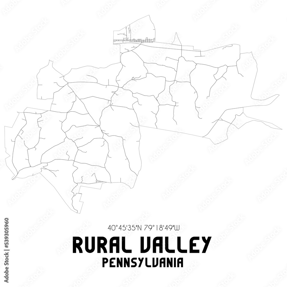 Rural Valley Pennsylvania. US street map with black and white lines.