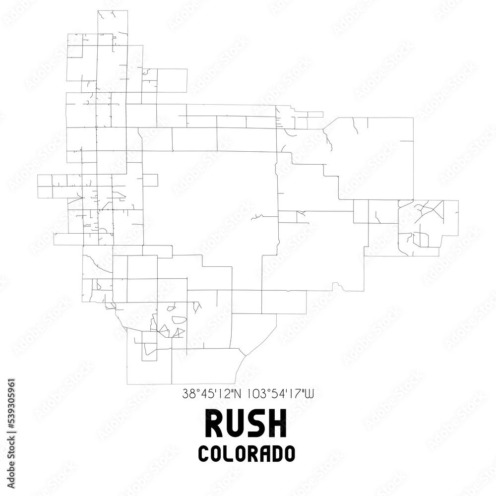 Rush Colorado. US street map with black and white lines. Rush Colorado. US street map with black and white lines.
