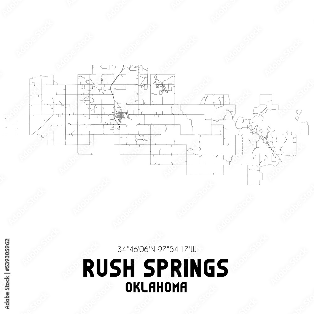 Rush Springs Oklahoma. US street map with black and white lines.