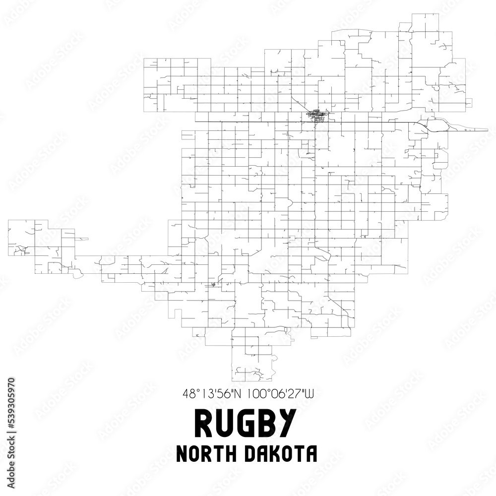 Rugby North Dakota. US street map with black and white lines.