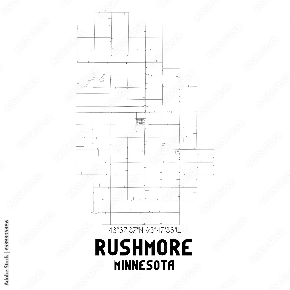 Rushmore Minnesota. US street map with black and white lines.