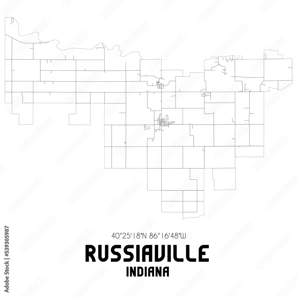 Russiaville Indiana. US street map with black and white lines.