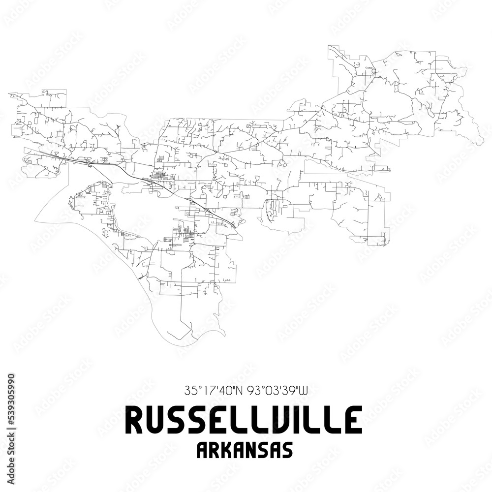 Russellville Arkansas. US street map with black and white lines.