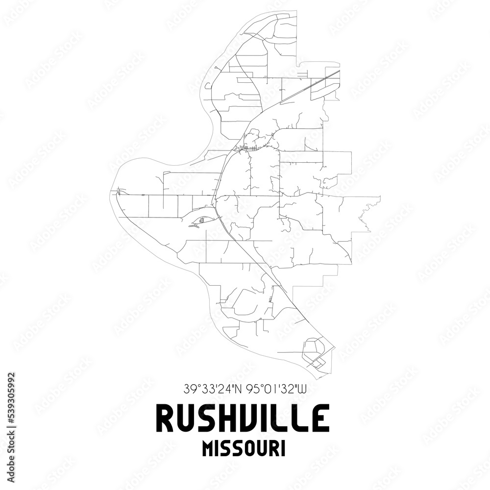 Rushville Missouri. US street map with black and white lines.