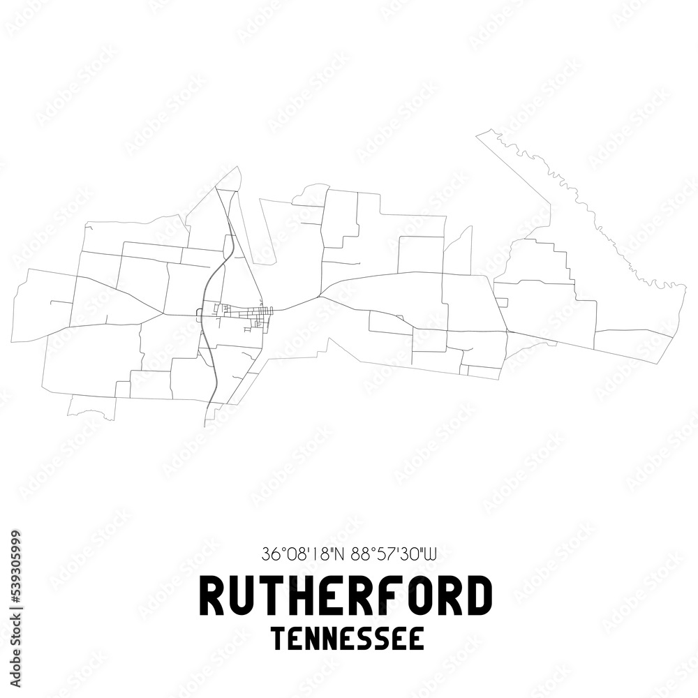 Rutherford Tennessee. US street map with black and white lines.