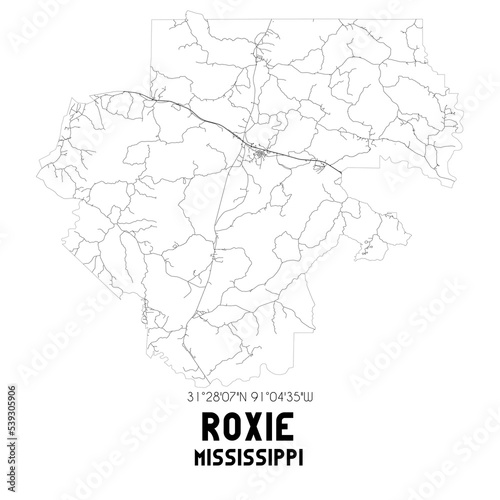 Roxie Mississippi. US street map with black and white lines.