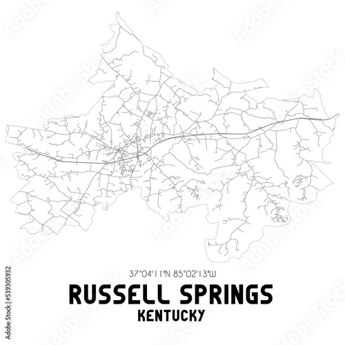 Russell Springs Kentucky. US street map with black and white lines.