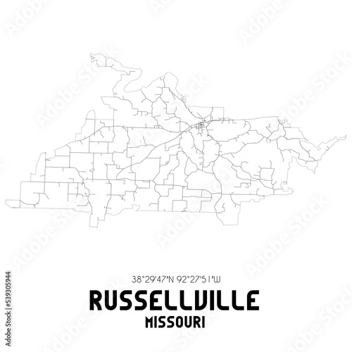 Russellville Missouri. US street map with black and white lines.