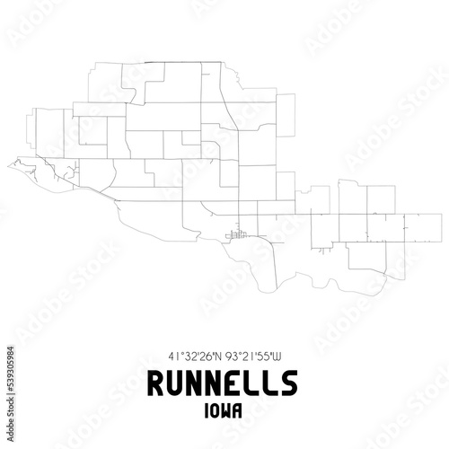 Runnells Iowa. US street map with black and white lines.