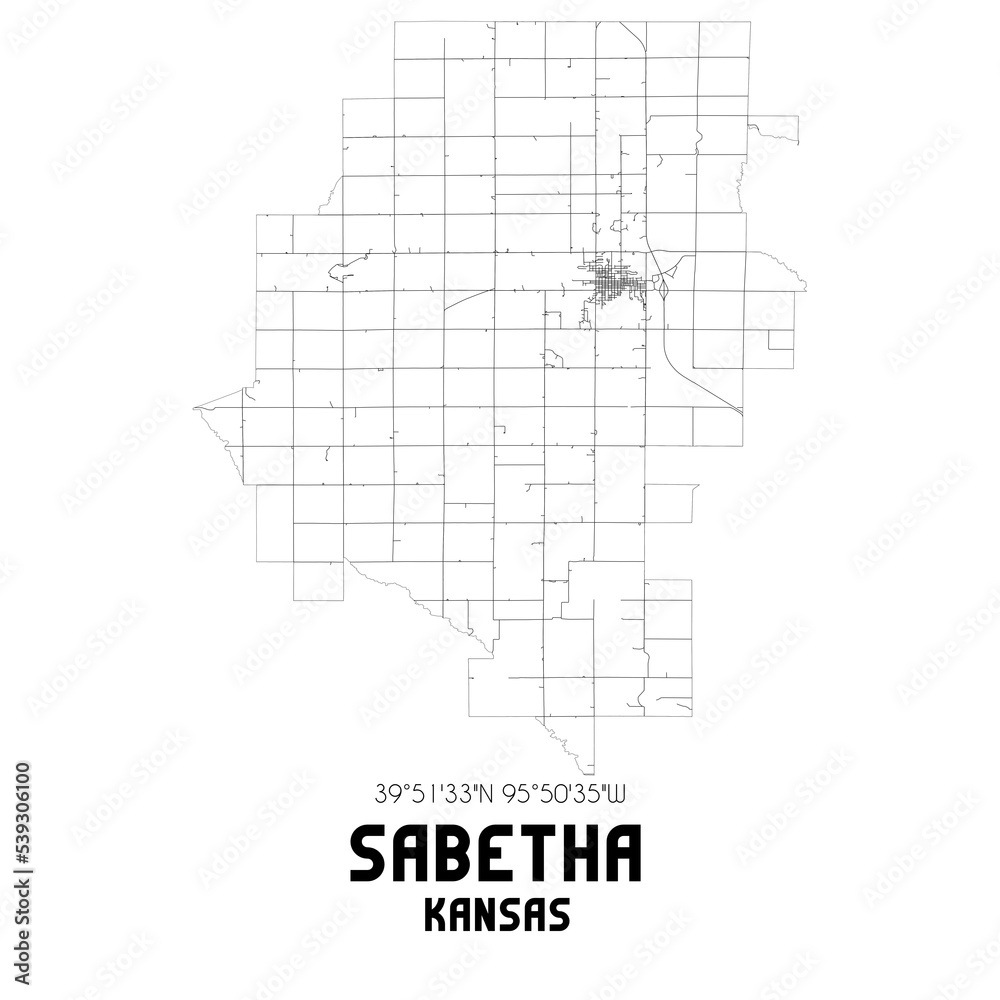 Sabetha Kansas. US street map with black and white lines.