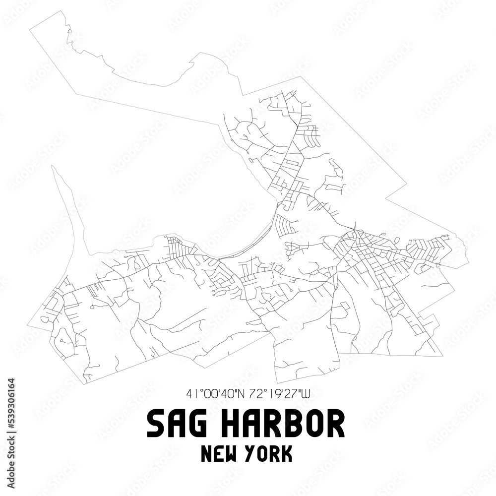 Sag Harbor New York. US street map with black and white lines.