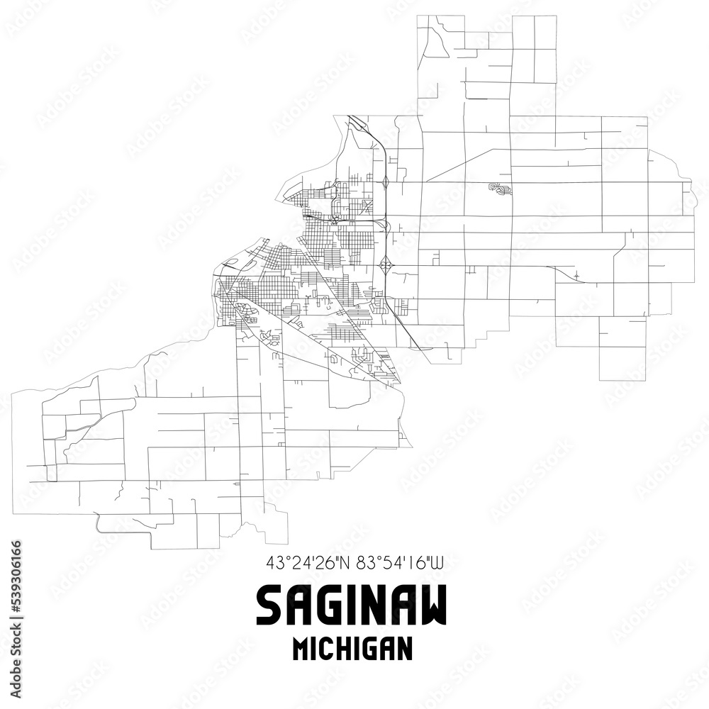 Saginaw Michigan. US street map with black and white lines.