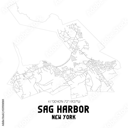 Sag Harbor New York. US street map with black and white lines.