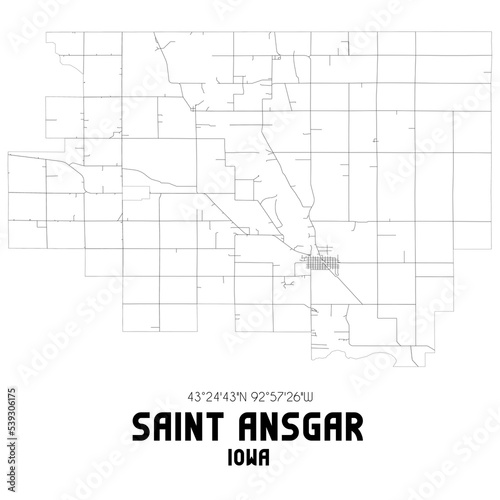 Saint Ansgar Iowa. US street map with black and white lines.