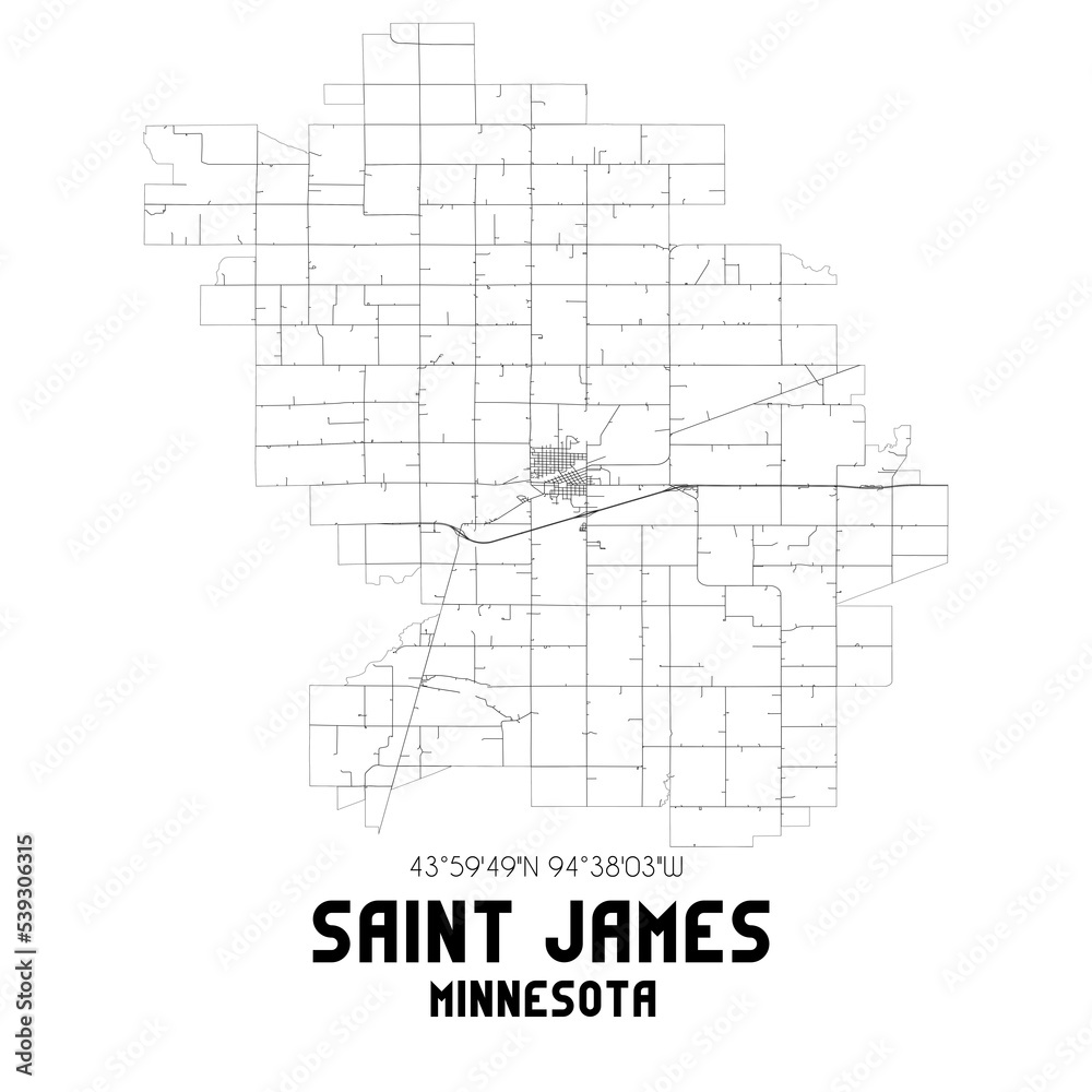 Saint James Minnesota. US street map with black and white lines.