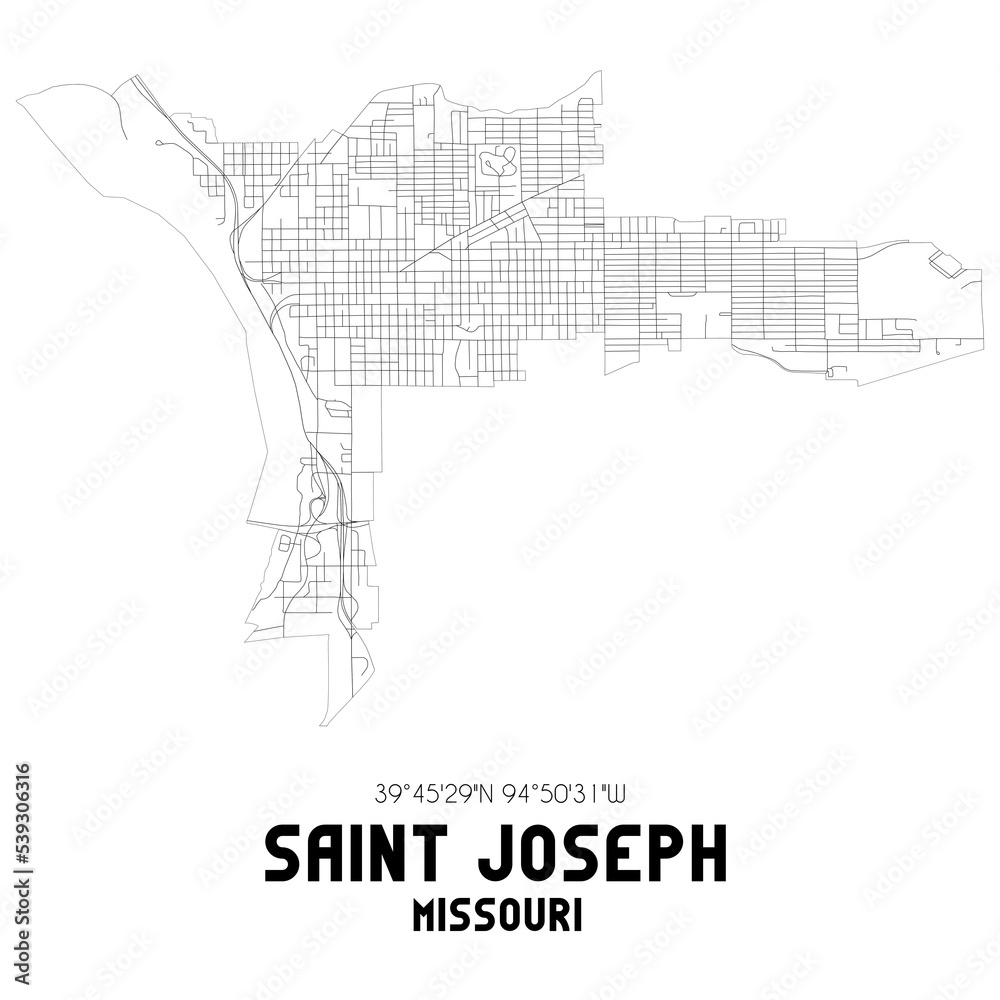 Saint Joseph Missouri. US street map with black and white lines.