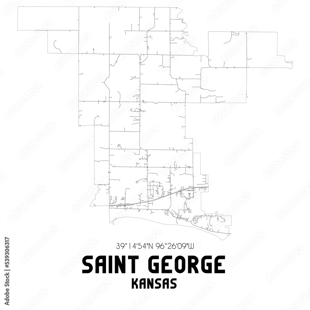 Saint George Kansas. US street map with black and white lines.