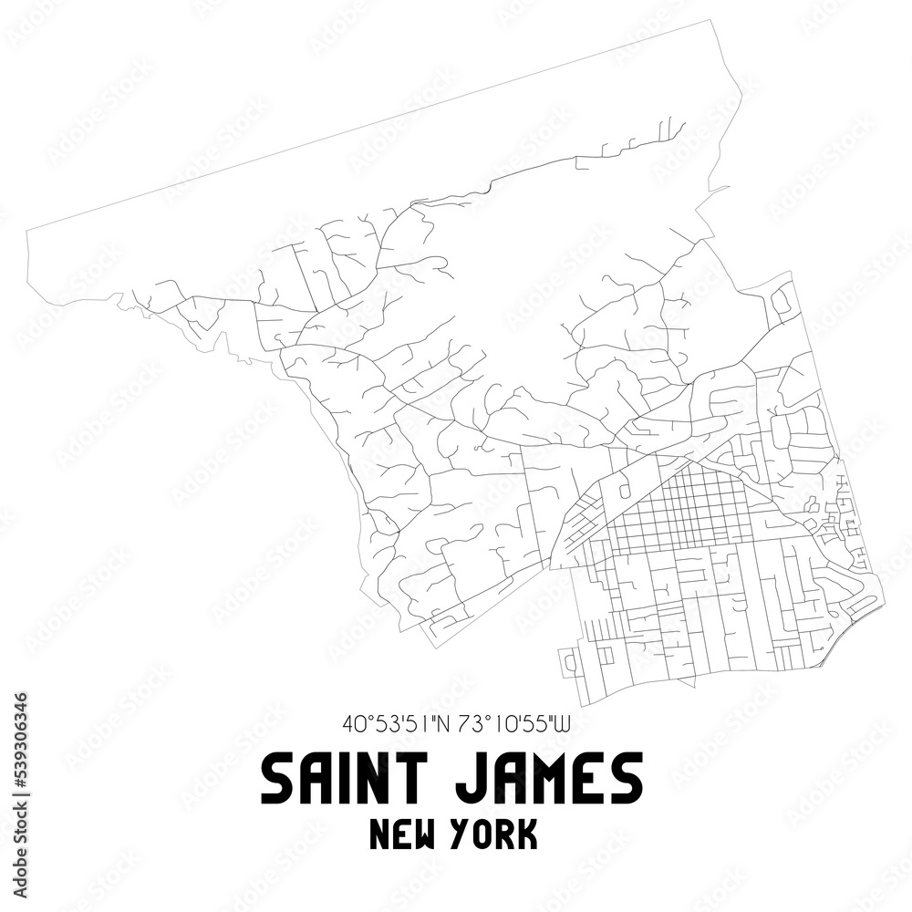 Saint James New York. US street map with black and white lines.