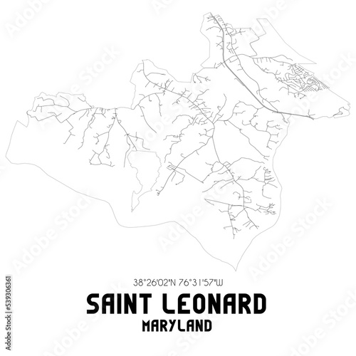 Saint Leonard Maryland. US street map with black and white lines.