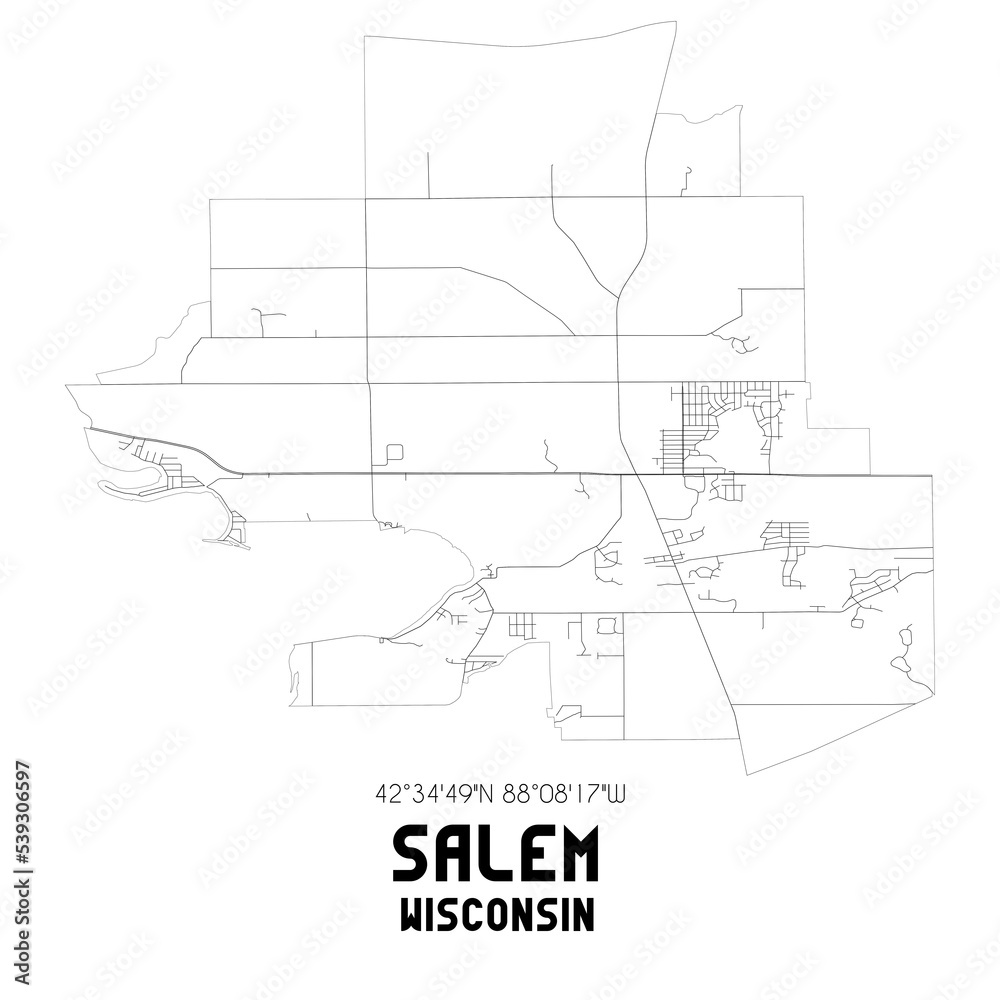 Salem Wisconsin. US street map with black and white lines.