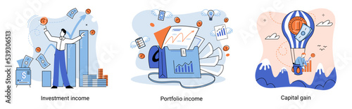 Capital gain, portfolio income, investment income. Investments and bonds, cash flow money slot, mutual fund, finance abstract metaphor. Money investing financiers analyzing stock market profit dollars