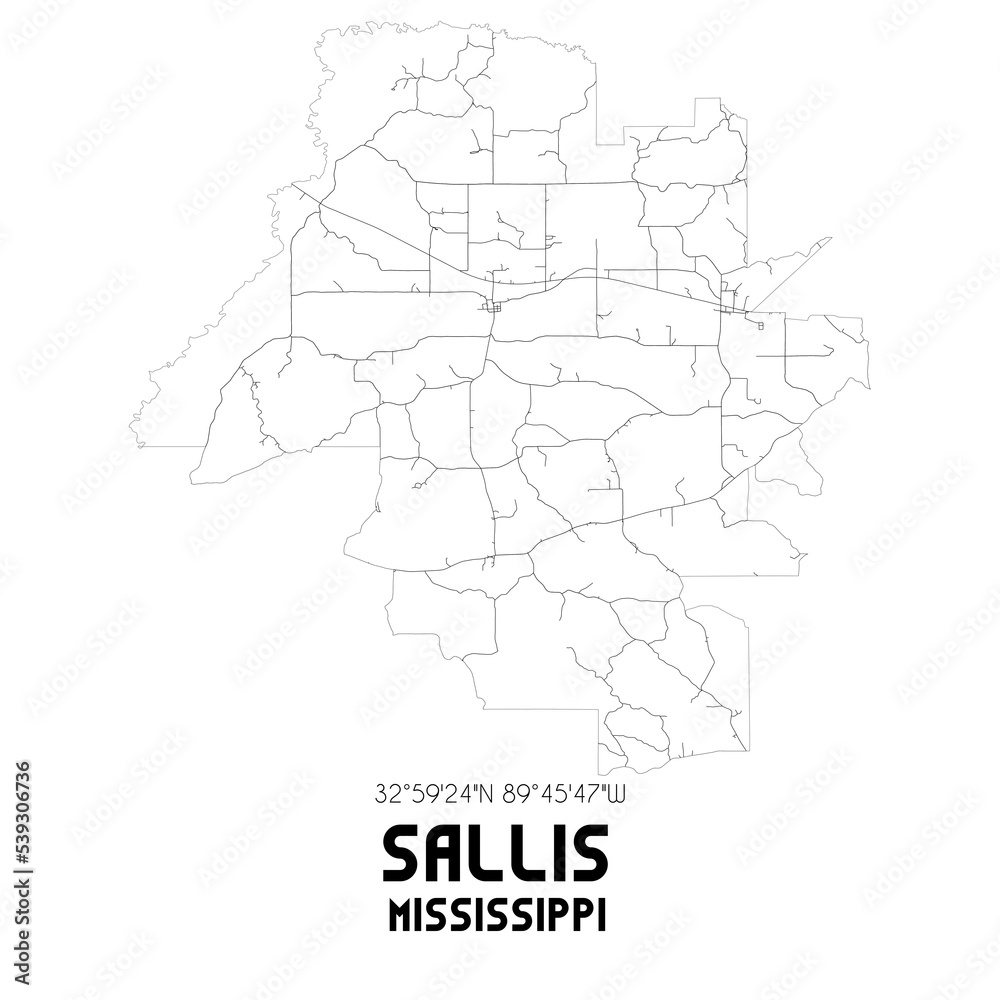 Sallis Mississippi. US street map with black and white lines.