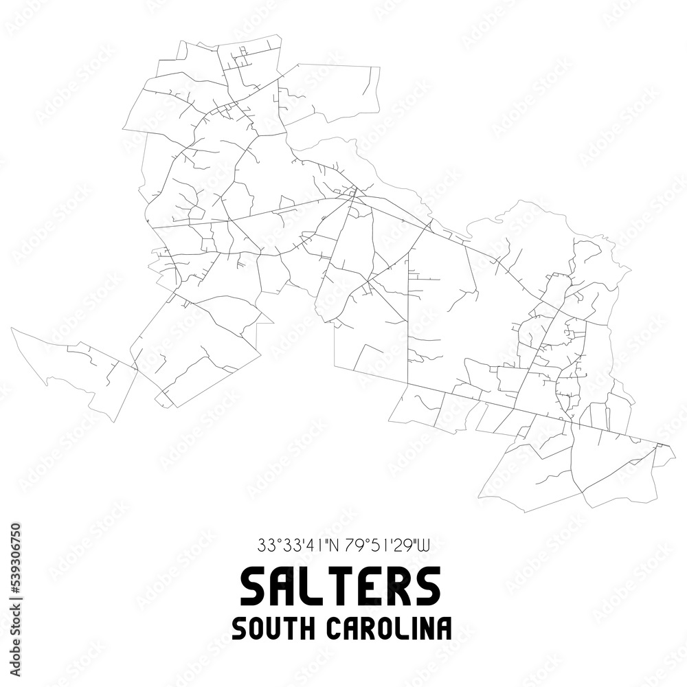 Salters South Carolina. US street map with black and white lines.