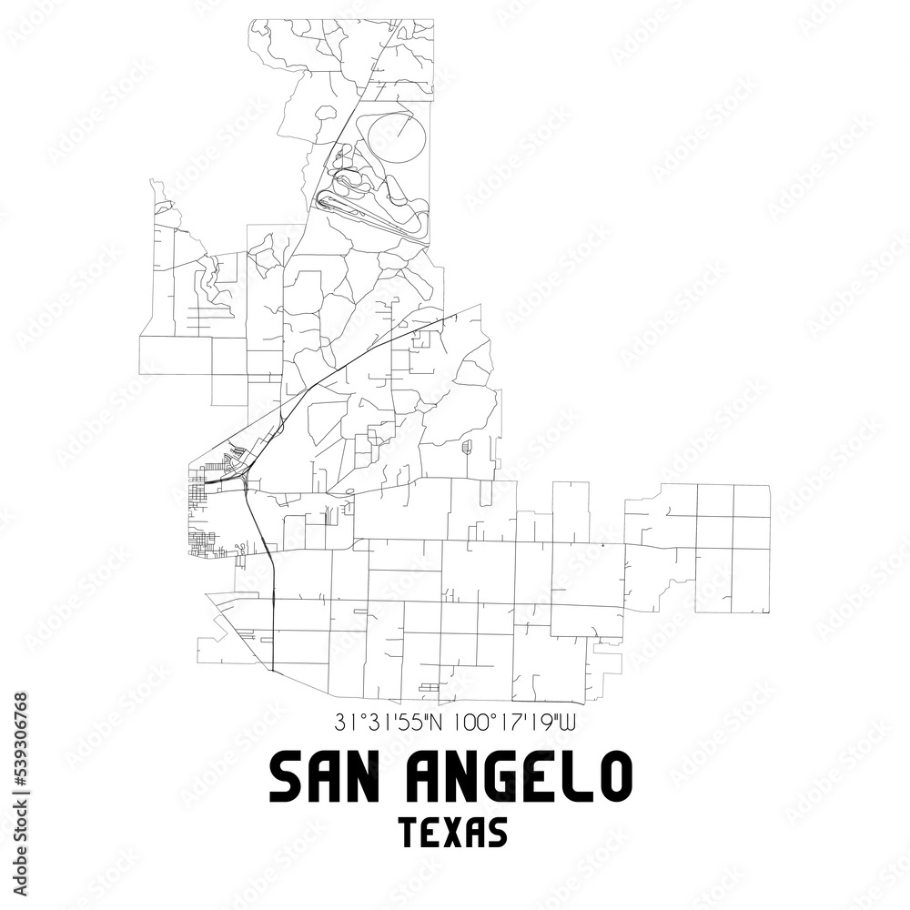 San Angelo Texas. US street map with black and white lines.