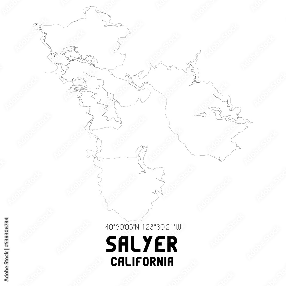 Salyer California. US street map with black and white lines.