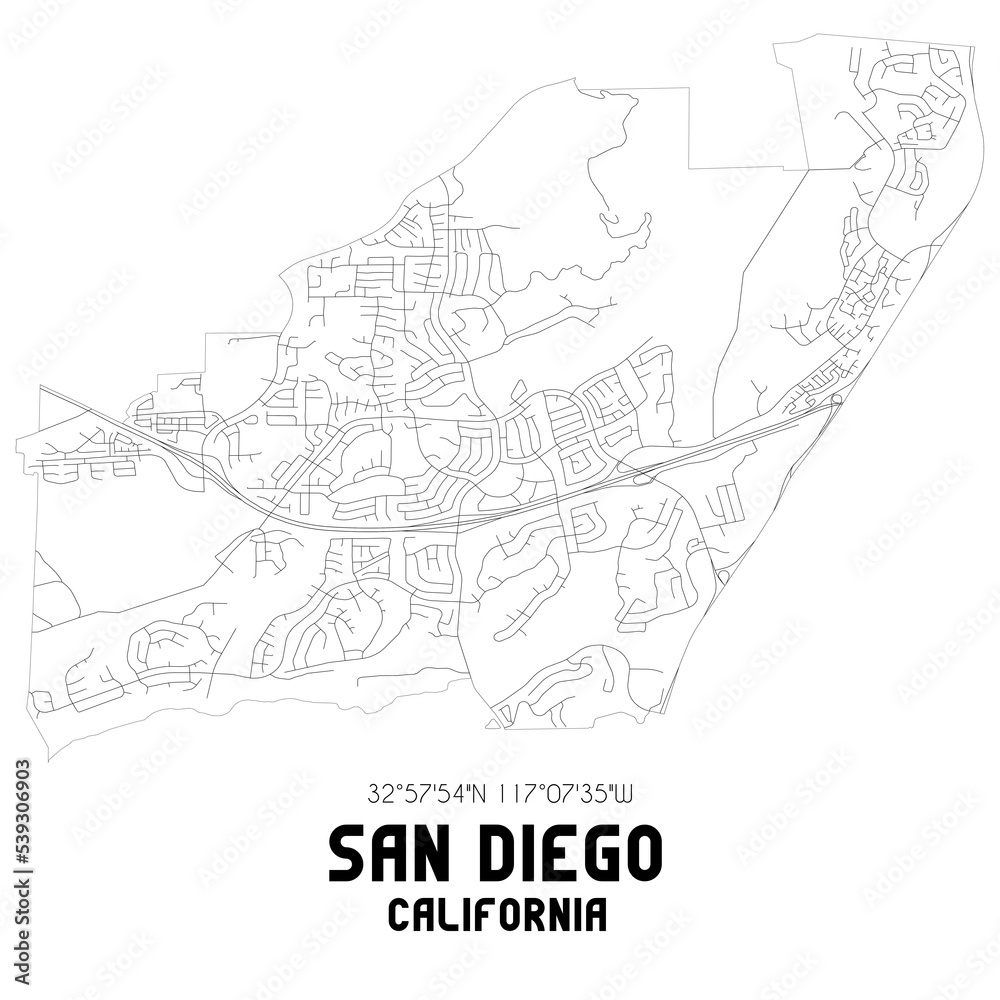 San Diego California. Us Street Map With Black And White Lines. Stock 