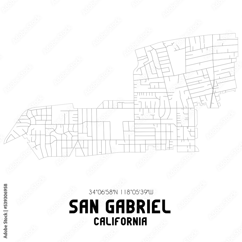 San Gabriel California. US street map with black and white lines.