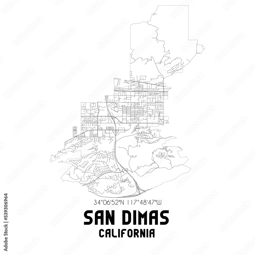 San Dimas California. US street map with black and white lines.