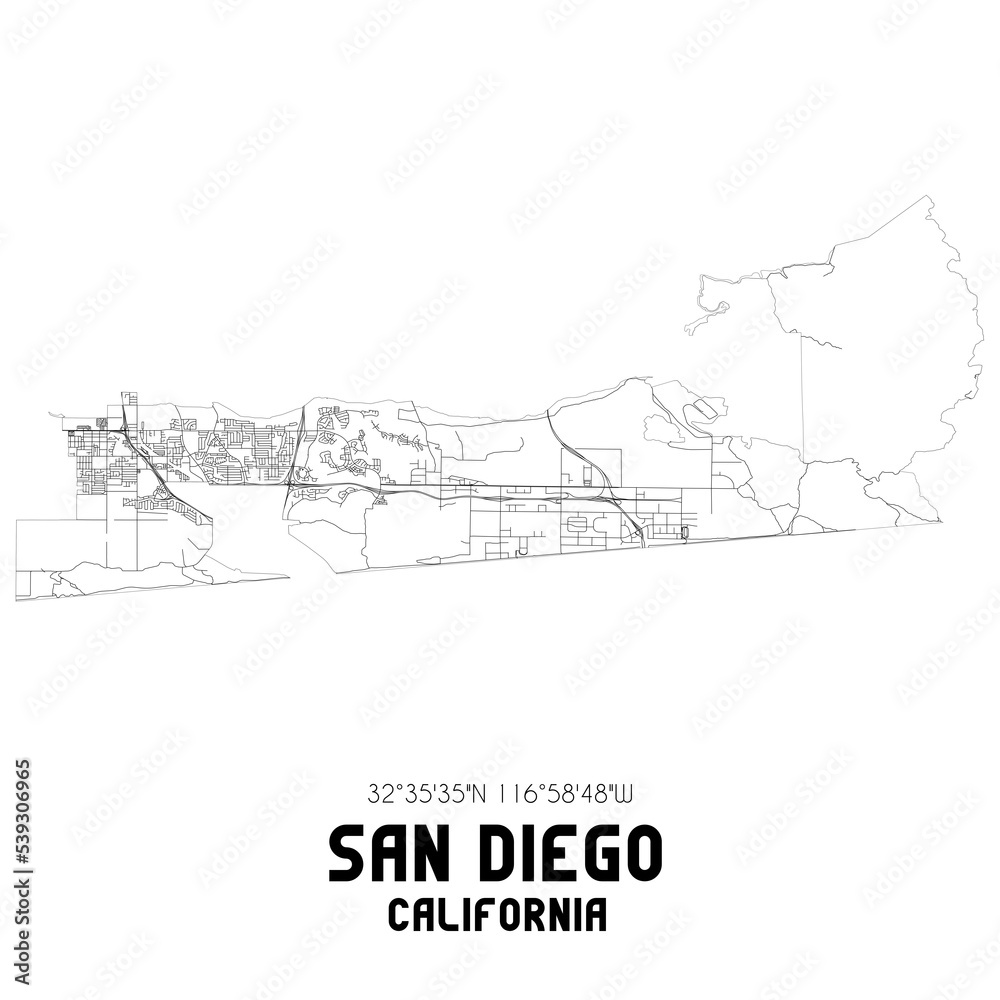 San Diego California. US street map with black and white lines.