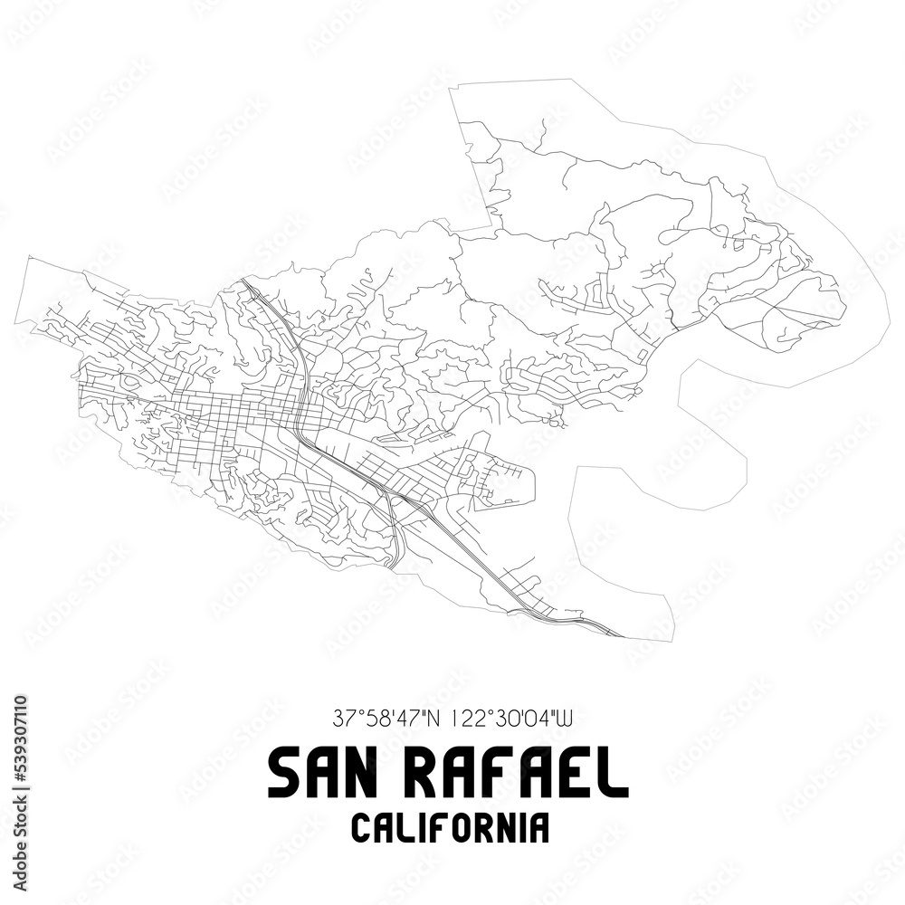 San Rafael California. US street map with black and white lines.