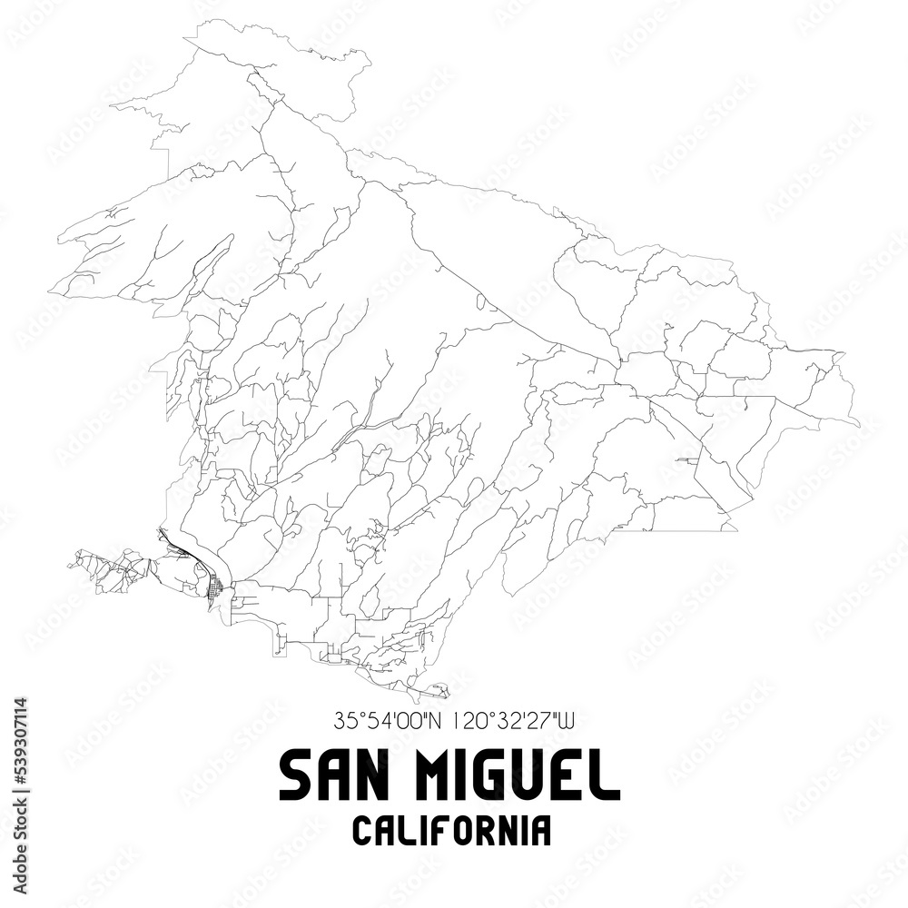 San Miguel California. US street map with black and white lines.