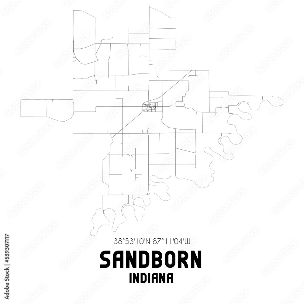 Sandborn Indiana. US street map with black and white lines.