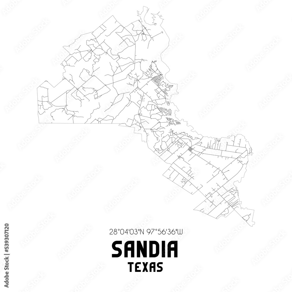 Sandia Texas. US street map with black and white lines.