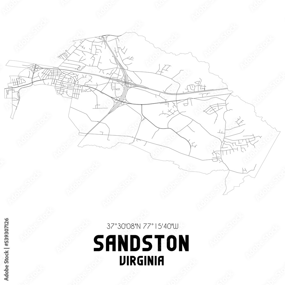 Sandston Virginia. US street map with black and white lines.