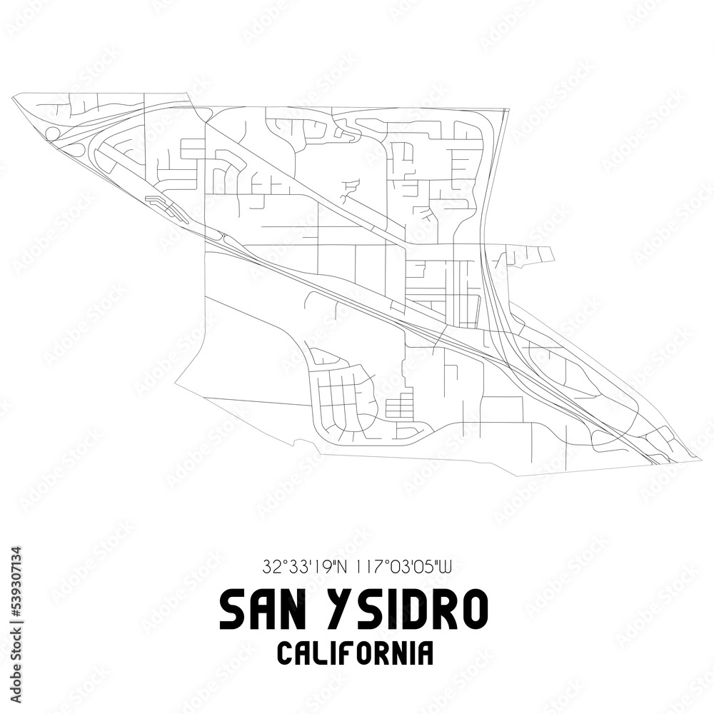 San Ysidro California. US street map with black and white lines.
