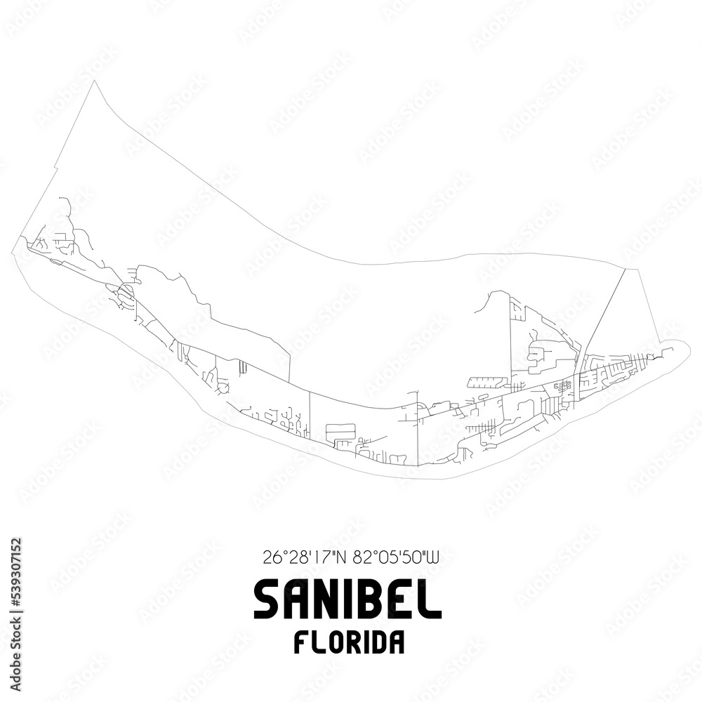 Sanibel Florida. US street map with black and white lines.