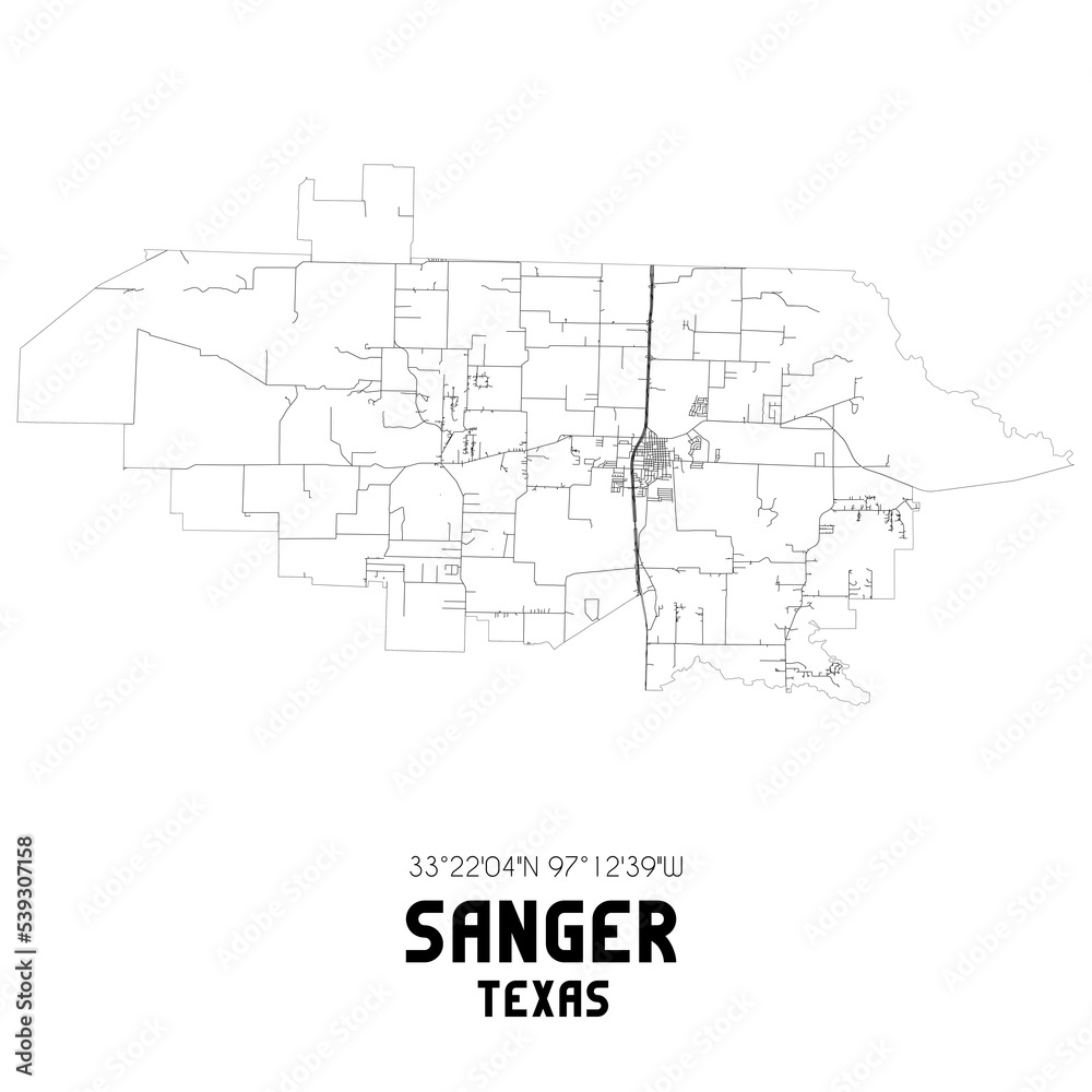 Sanger Texas. US street map with black and white lines.