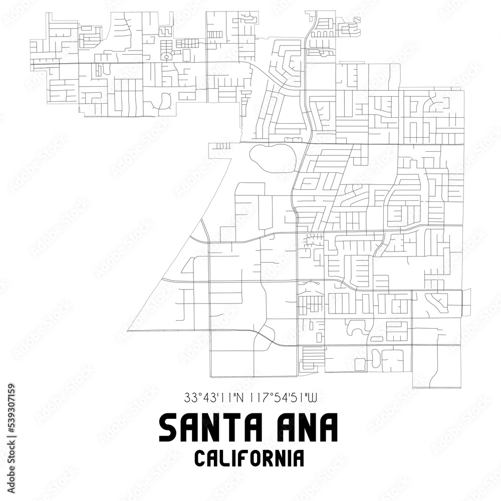 Santa Ana California. US street map with black and white lines.