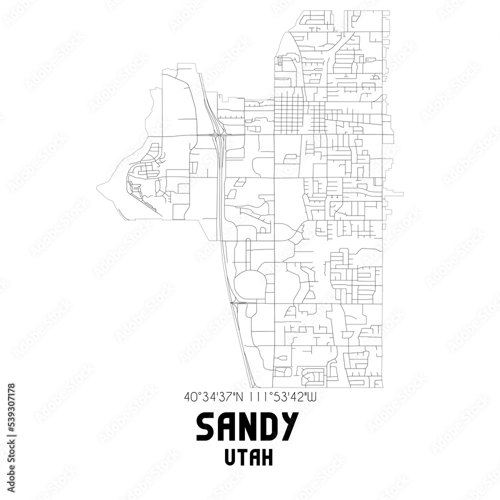 Sandy Utah. US street map with black and white lines.