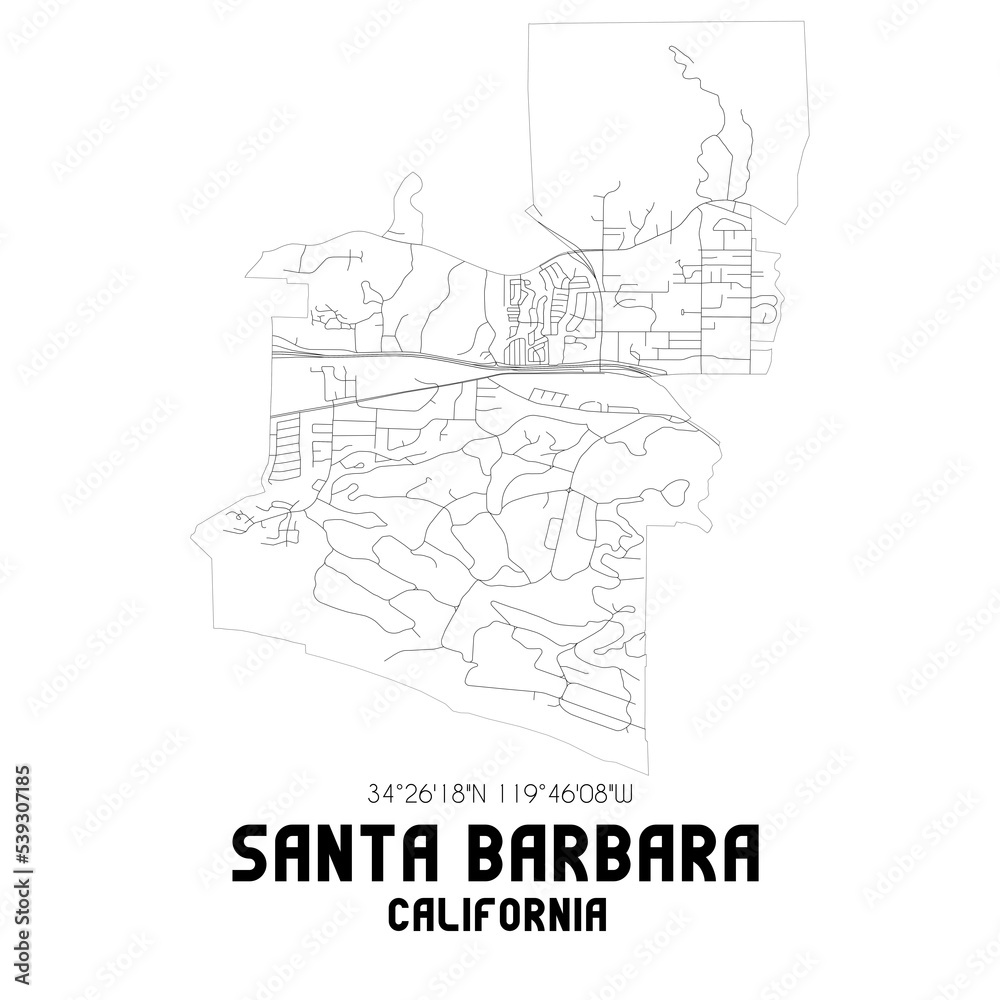 Santa Barbara California. US street map with black and white lines.