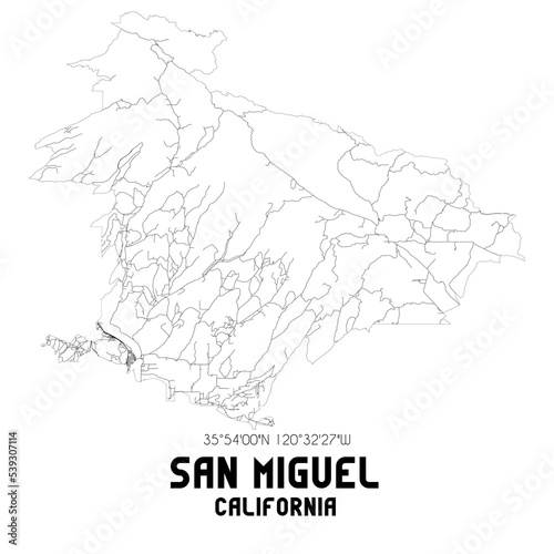 San Miguel California. US street map with black and white lines.