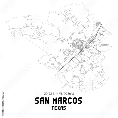 San Marcos Texas. US street map with black and white lines.