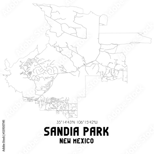 Sandia Park New Mexico. US street map with black and white lines.