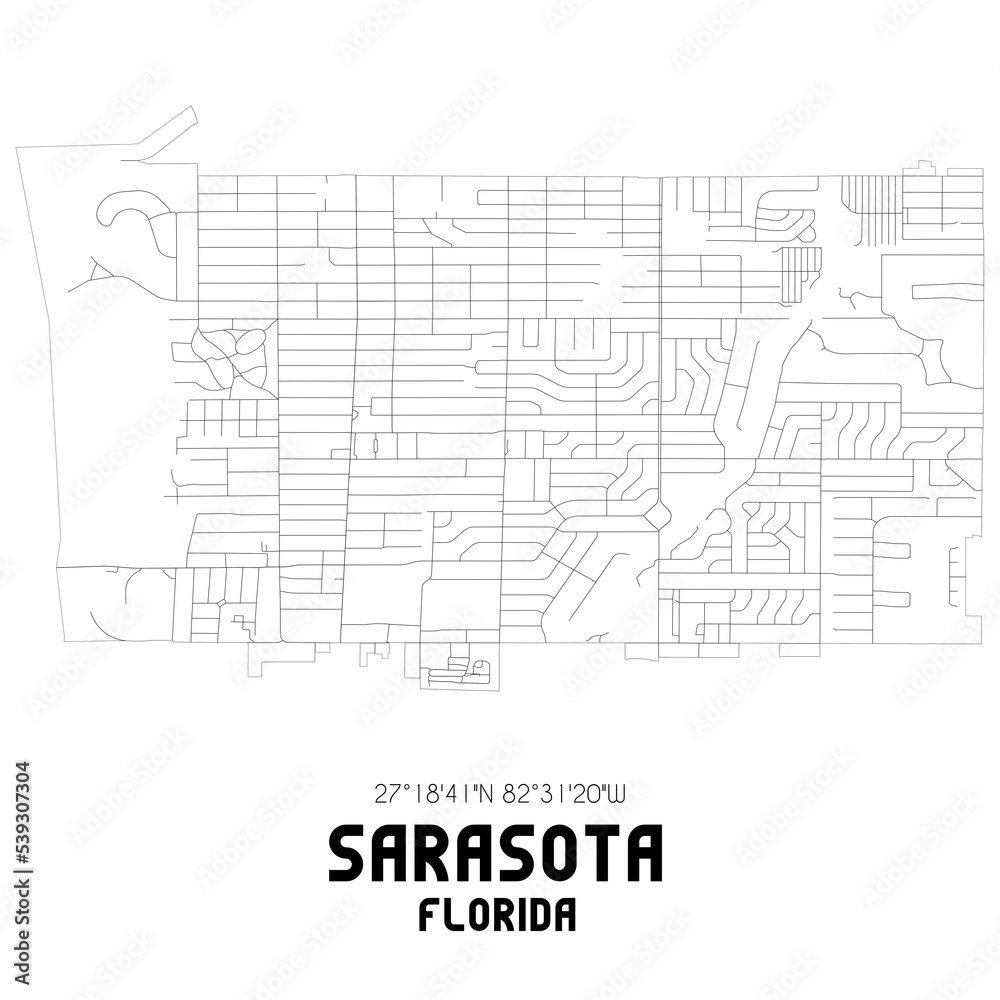 Sarasota Florida. US street map with black and white lines.
