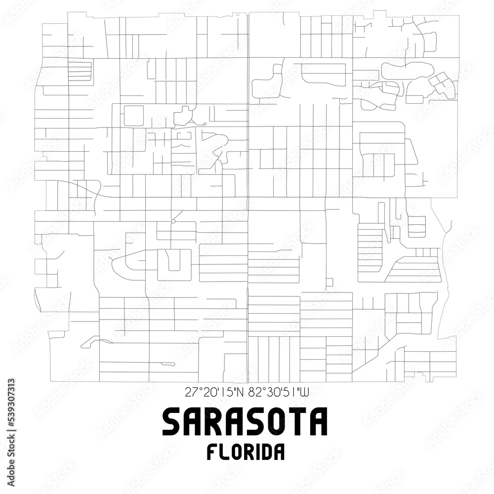Sarasota Florida. US street map with black and white lines.